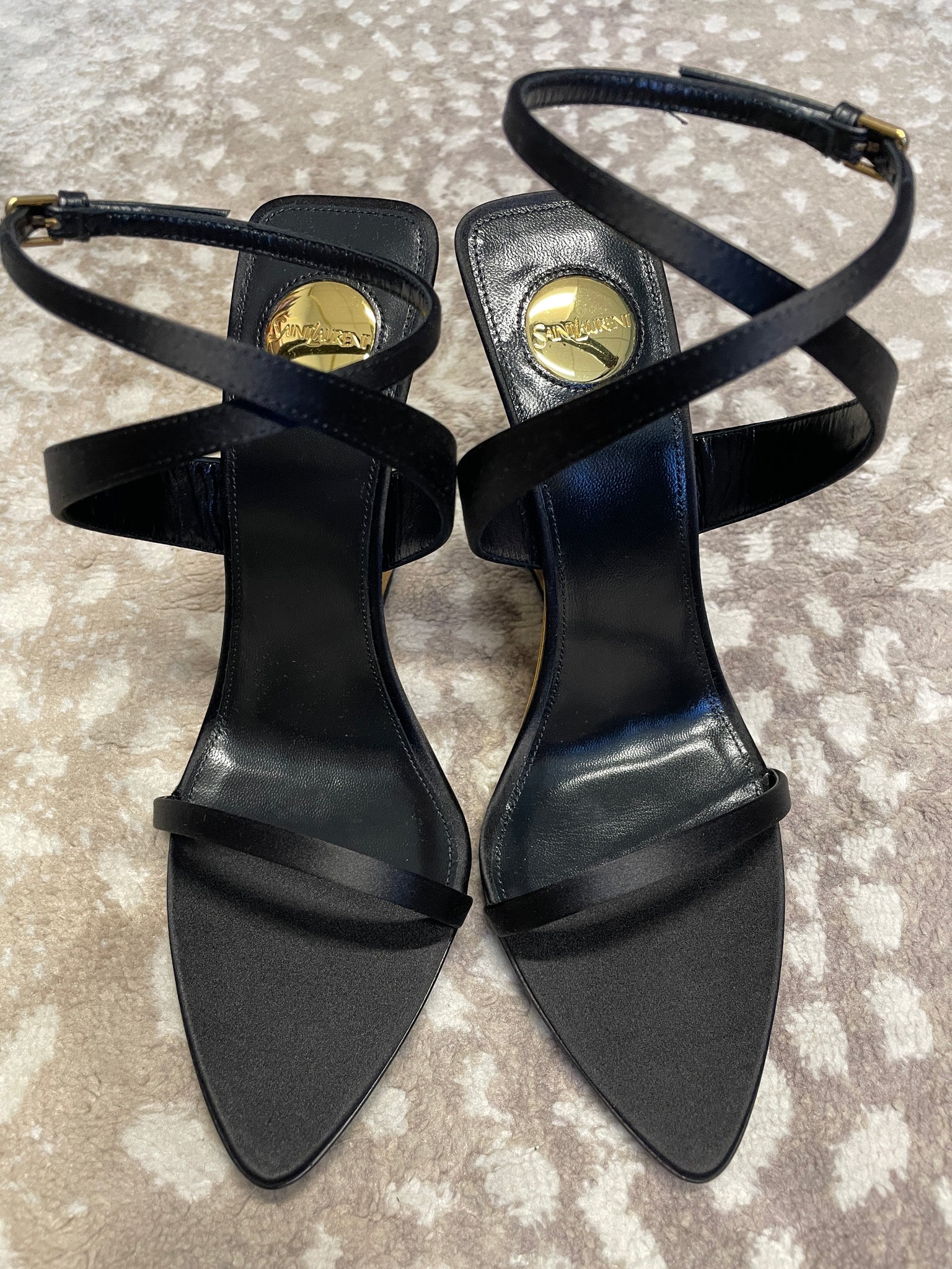 Designer Black Satin Wedge Heels by Saint Laurent