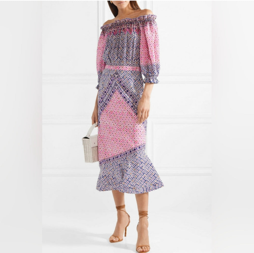 Front view of Saloni Grace Off the Shoulder Midi Dress in floral silk crepe.