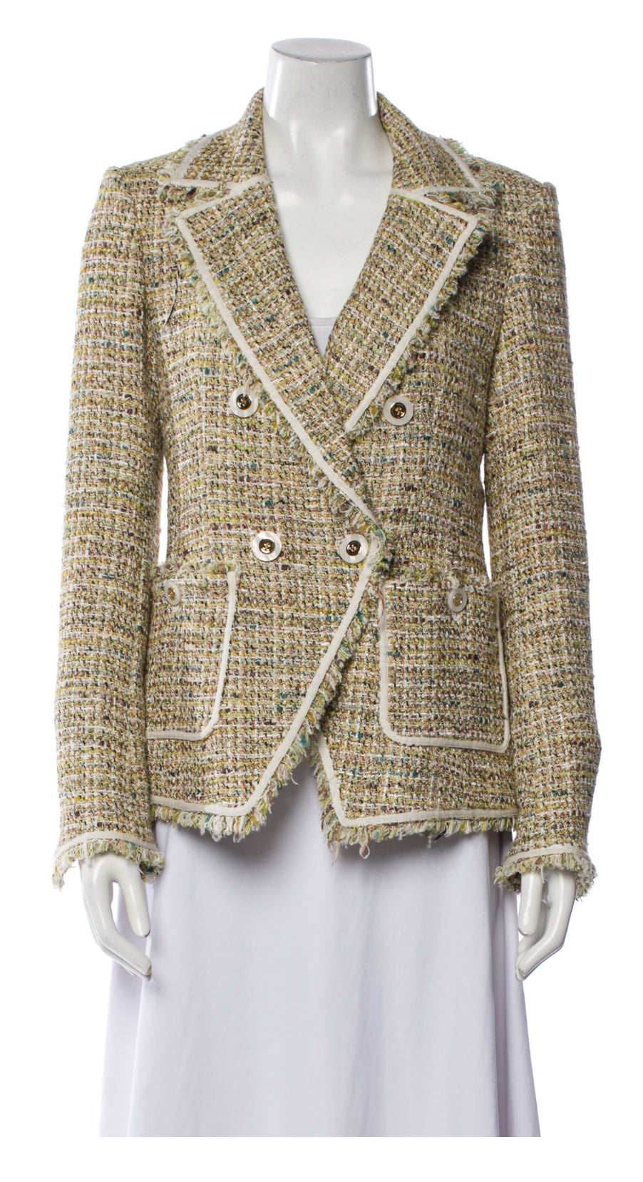 Front view of Veronica Beard Tweed Multicolor Blazer with gold buttons.