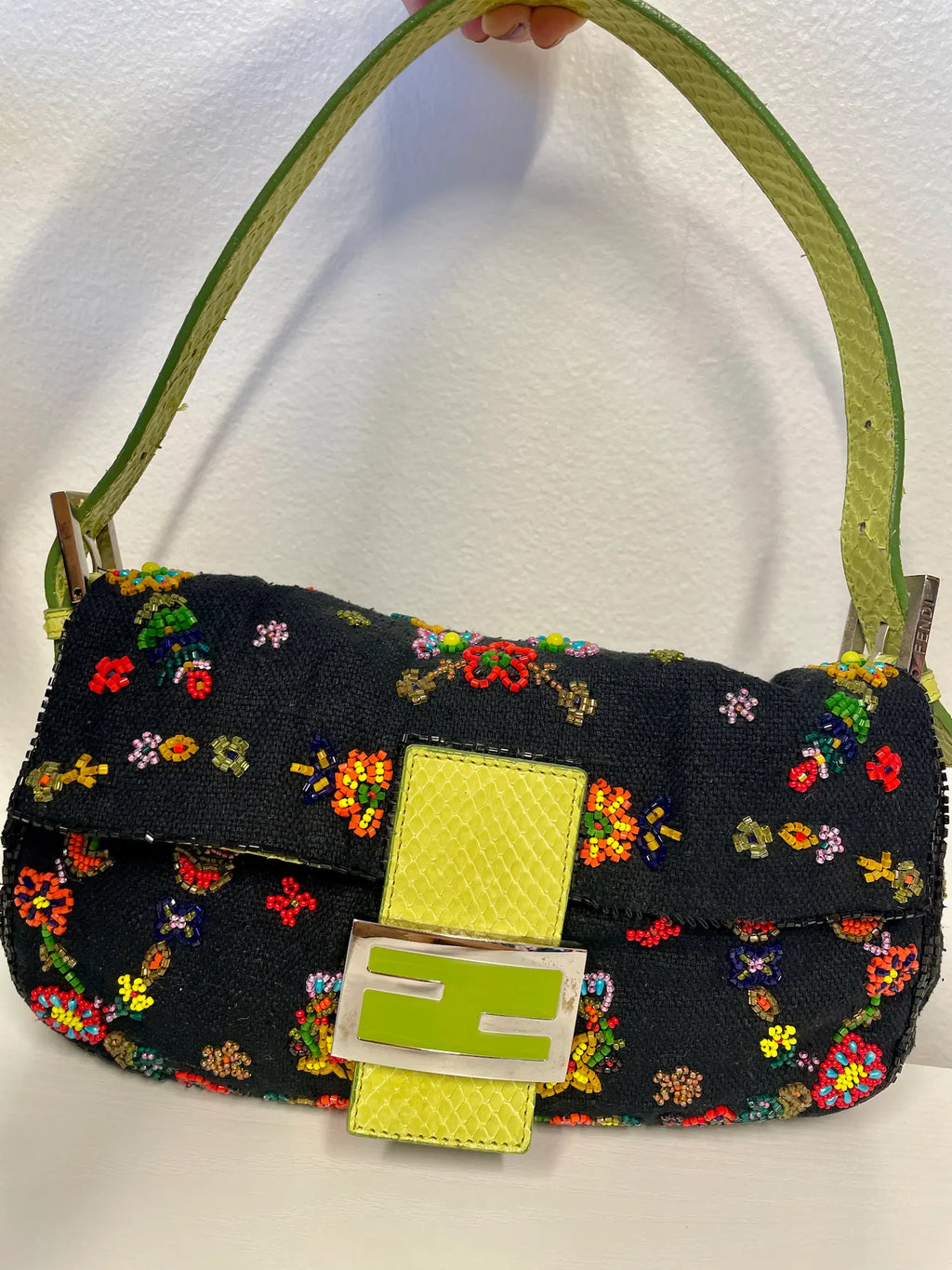 Fendi Multicolor Beaded Python & Canvas Baguette with lime-green python trim.
