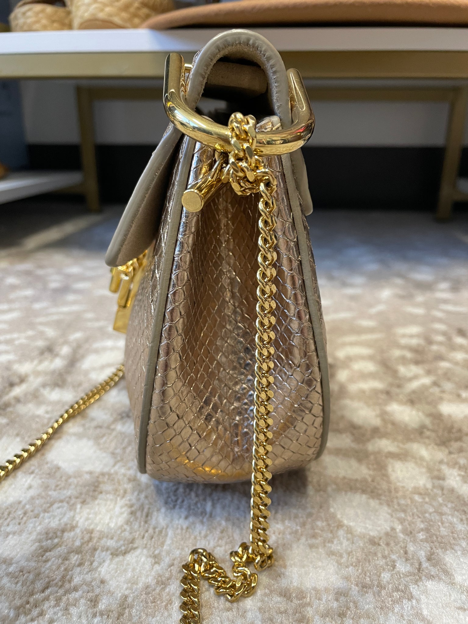 Side view of Chloé Python Drew Bag with gold hardware – designer resale