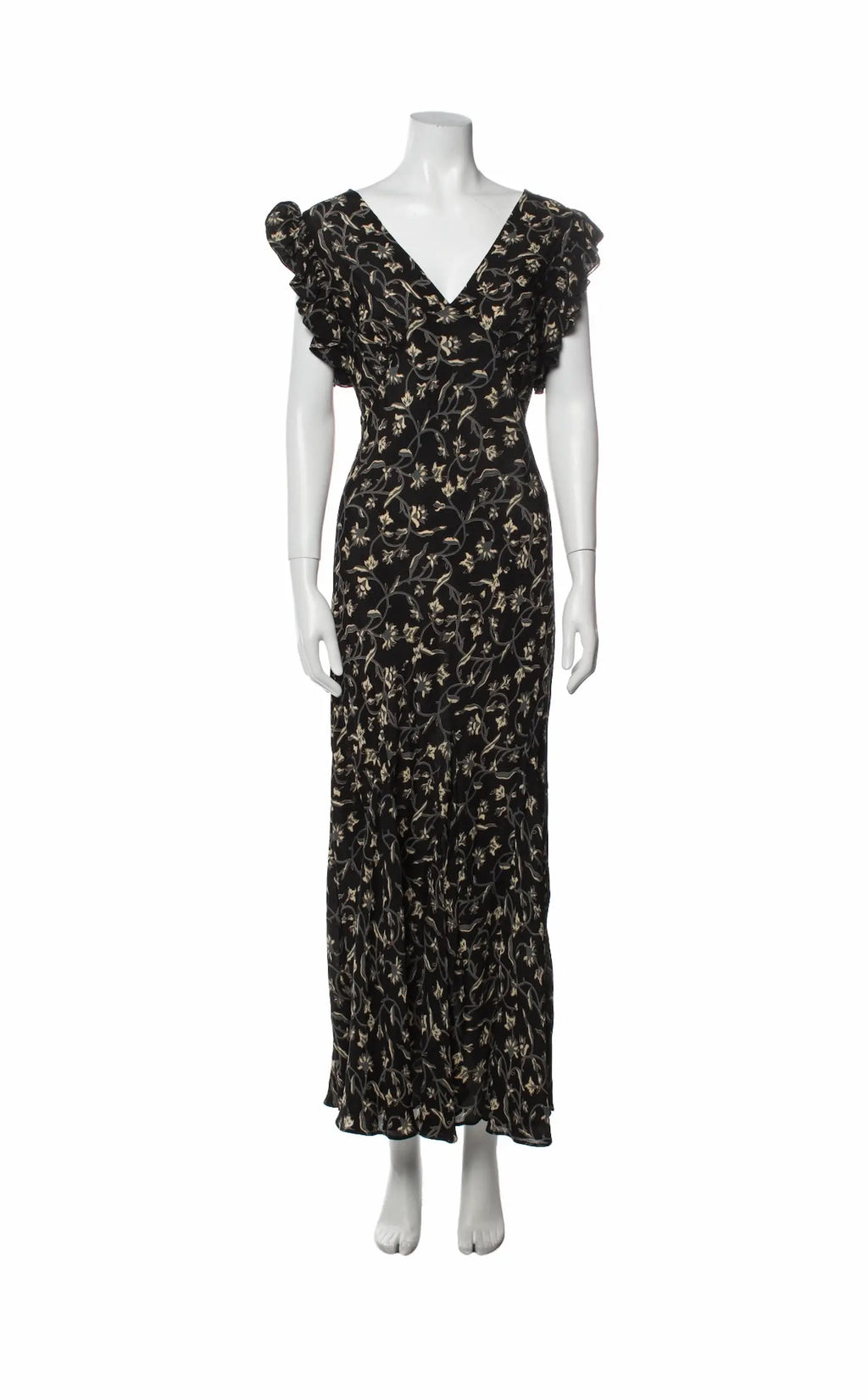 Front view of Doen Brooklyn Dawn Dress in black floral print, size L, displayed on mannequin.