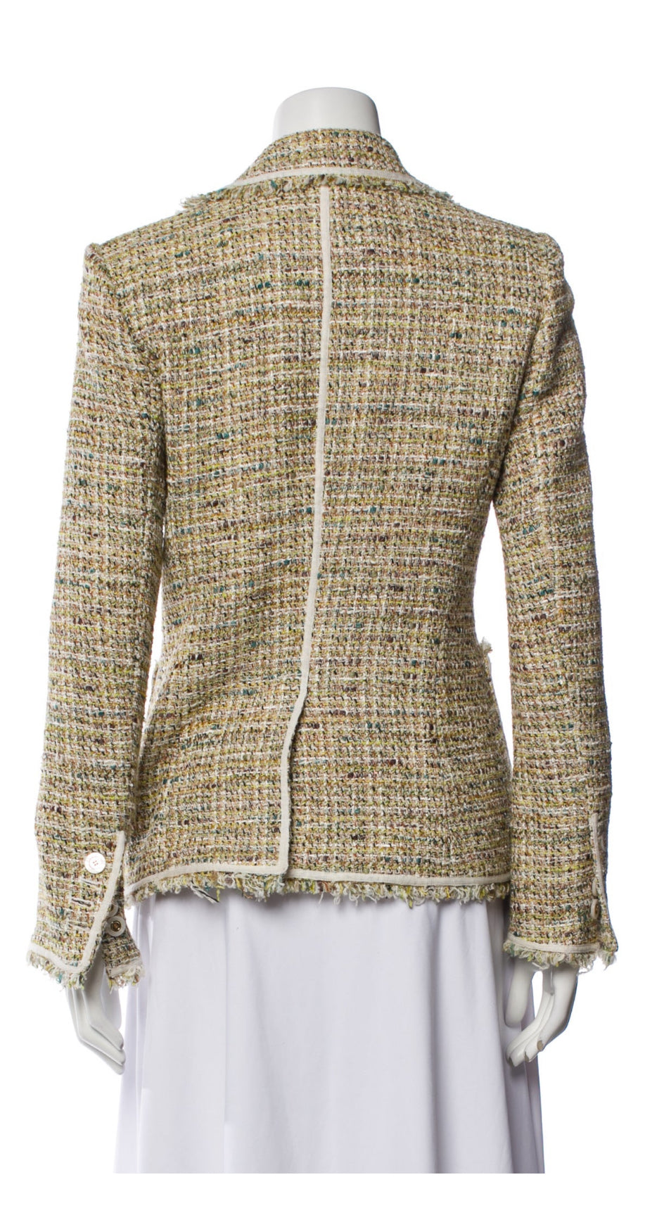 Back view of blazer displaying multicolor pattern and tailoring.