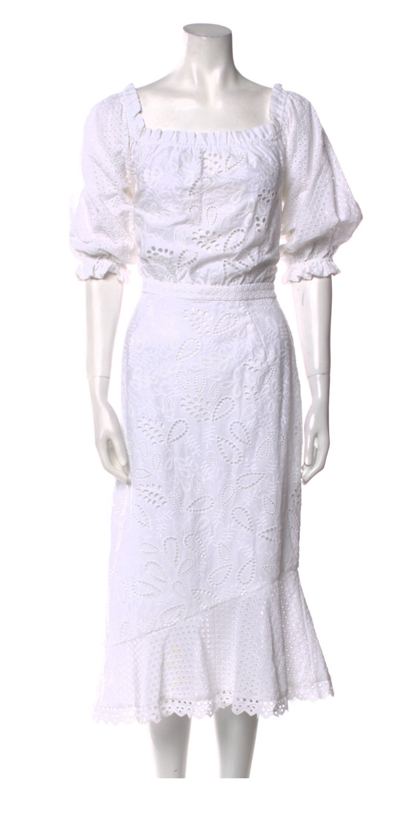 Front view of Saloni Square Neck Eyelet Midi Dress in white cotton lace.