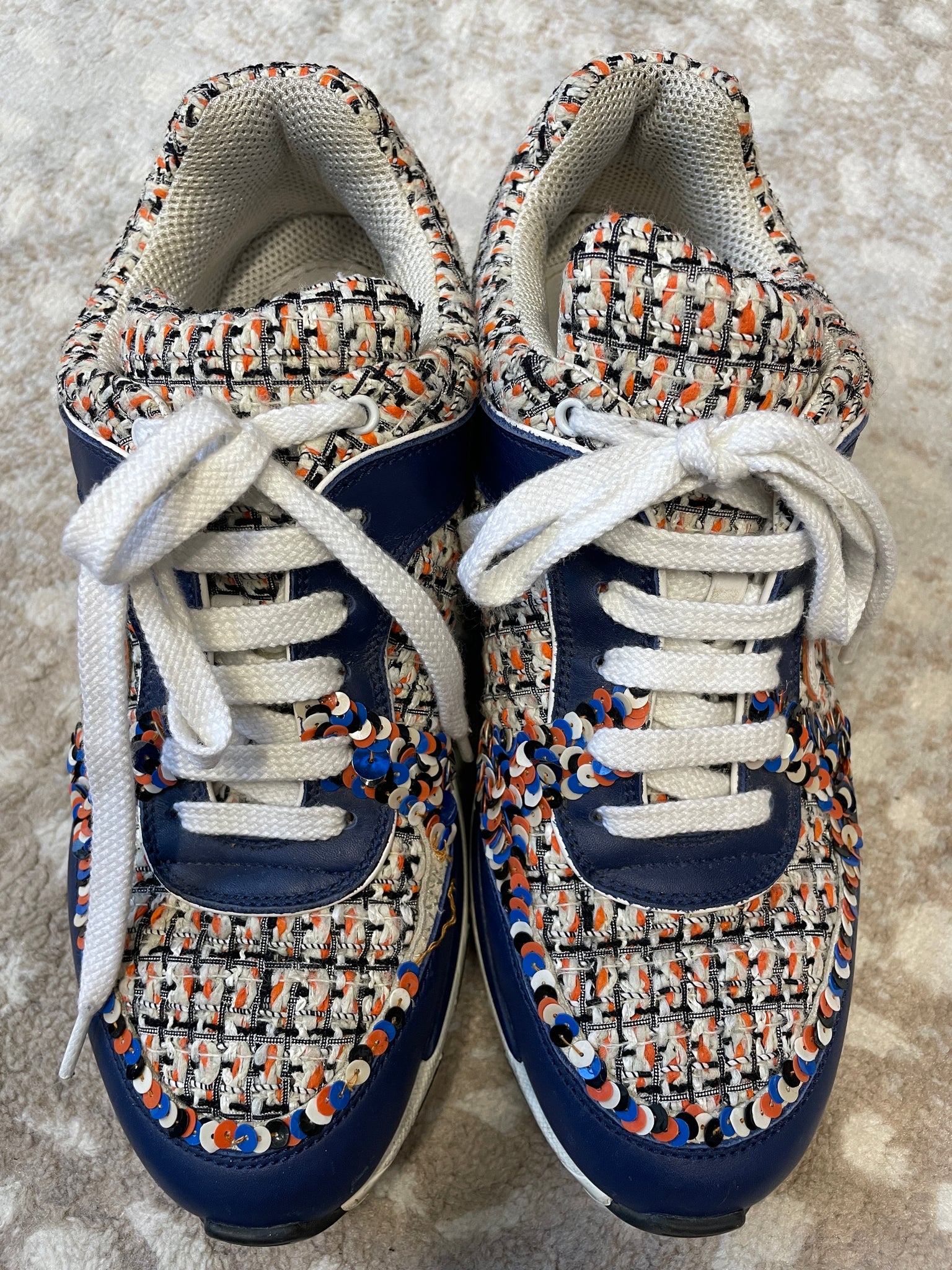 Top view of Chanel Sequin Tweed Sneakers, interlocking CC logo detail – luxury resale
