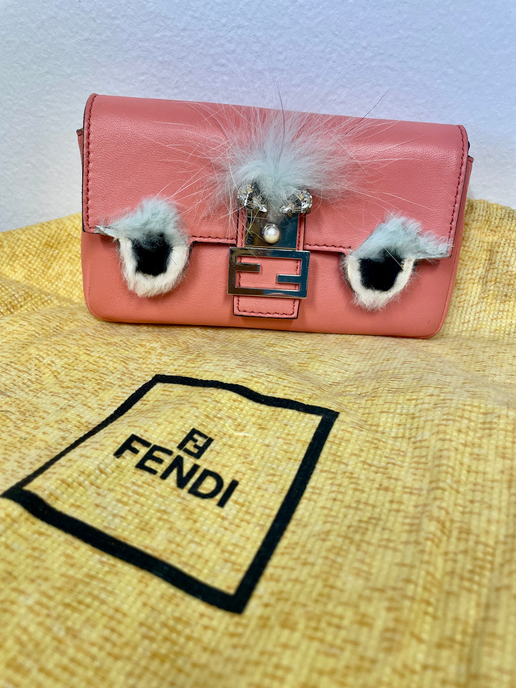 Fendi Mini Monster Baguette Crossbody in Pink Coral