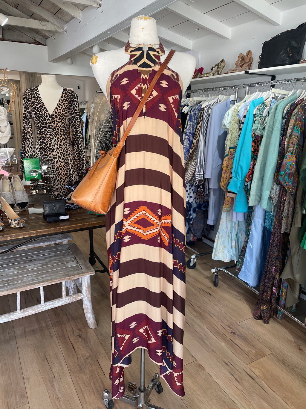 Volantis Aztec Printed Silk Maxi Dress