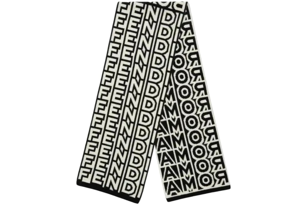 Front view of Fendi x Marc Jacobs wool scarf with bold logo print.