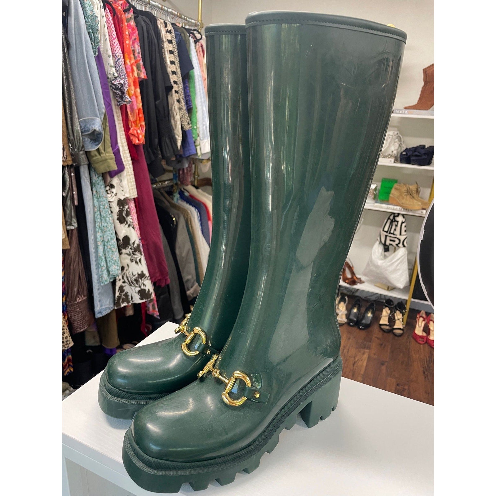 Gucci Rubber Horsebit Knee Boots Size 38 US 7.5–8 Green – PIVOT