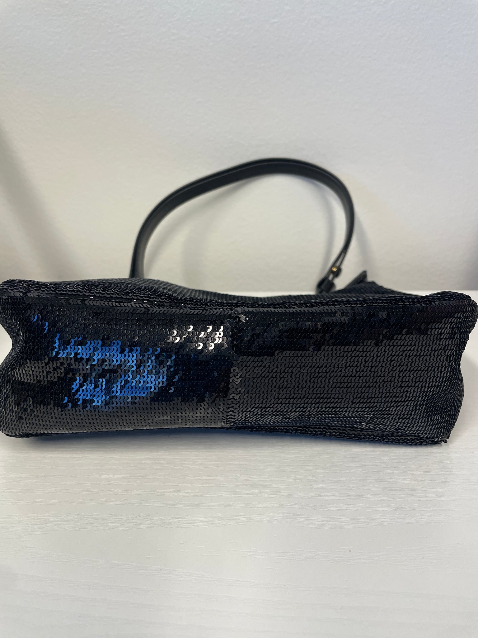 Prada Re-Nylon Sequined Mini Bag in black with chain-link handle.