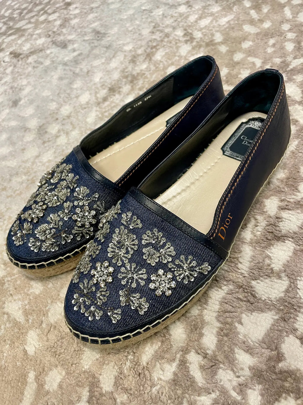 Front view of Dior Denim Leather Embellished Espadrilles, Size 37.5