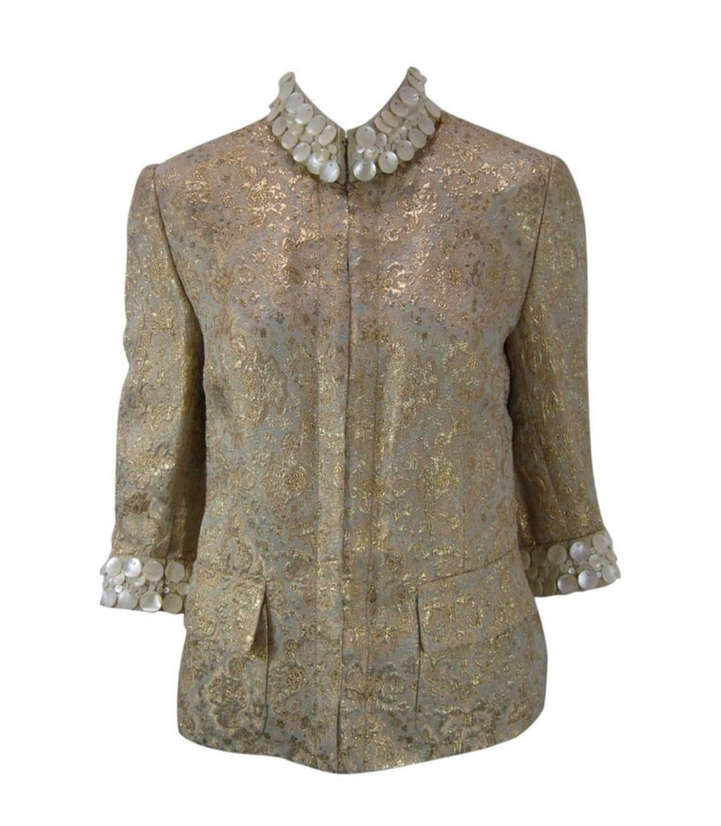 Front view of Dolce & Gabbana gold brocade embellished jacket.