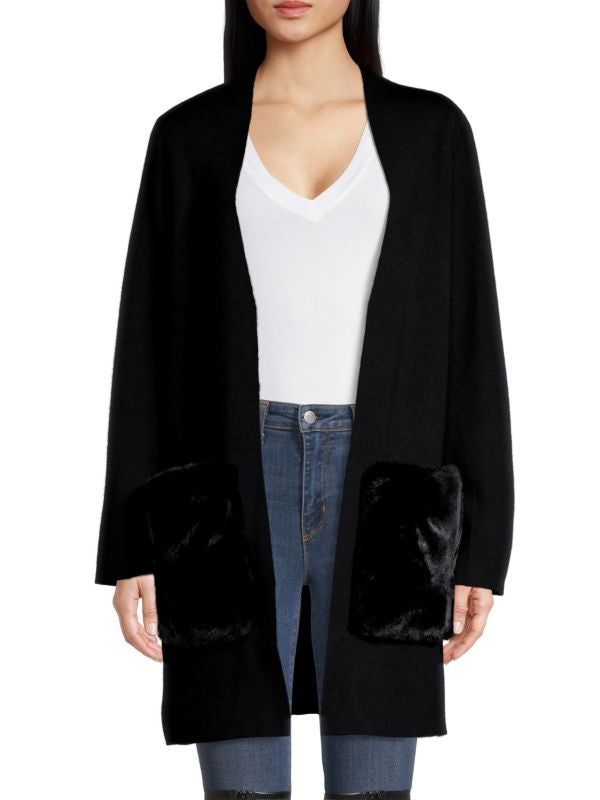 Front view of Kobi Halperin black wool and faux fur cardigan.