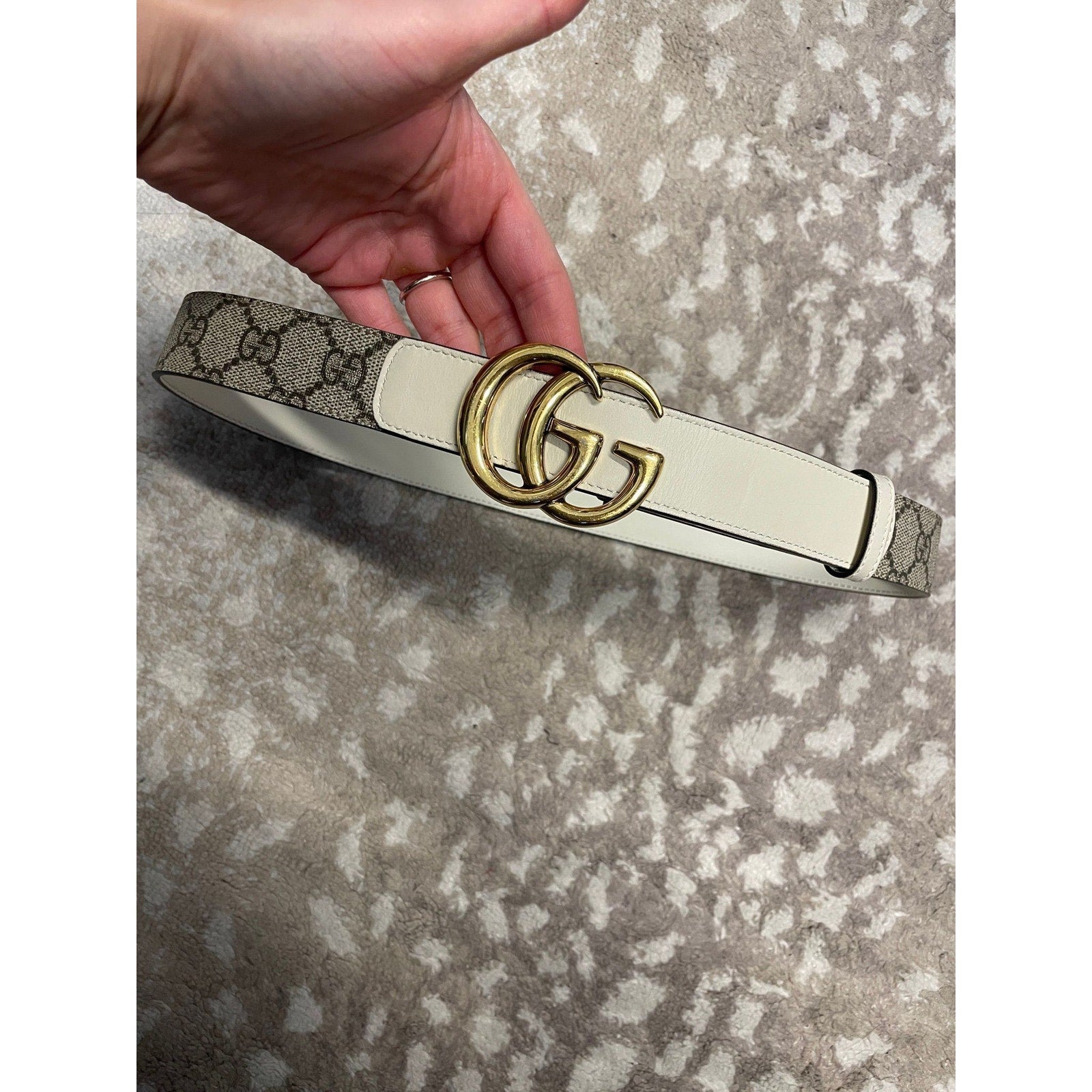 Gucci Marmont Thin GG Supreme Belt Size 75 US 30 Beige White 