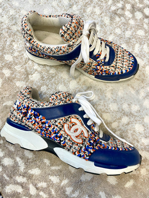 Side profile of Chanel Sequin Tweed Sneakers showing tweed fabric and lace-up design – designer resale