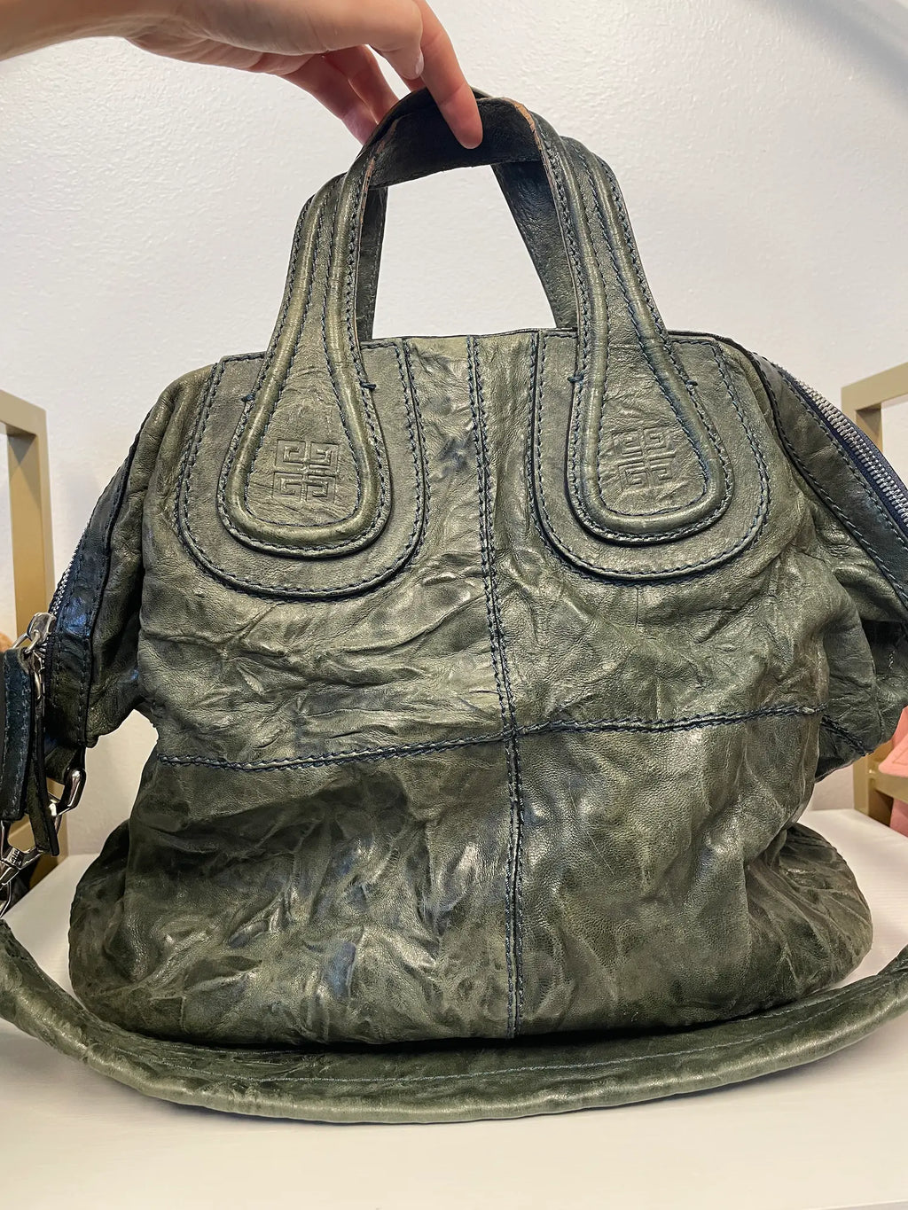 Givenchy Nightingale Leather Tote Bag in distressed olive gray leather.