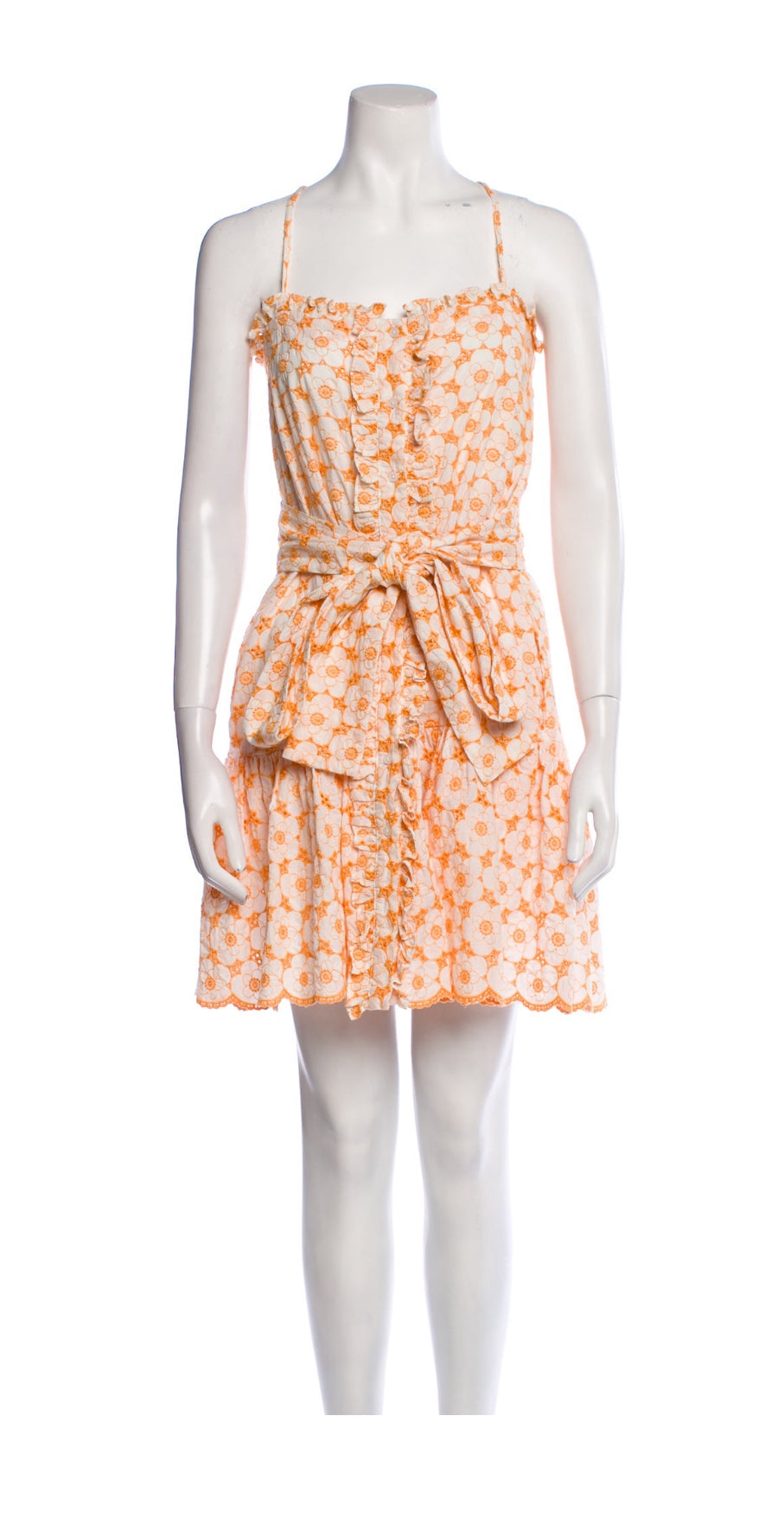 Front view of Lisa Marie Fernandez peach eyelet mini dress on mannequin.