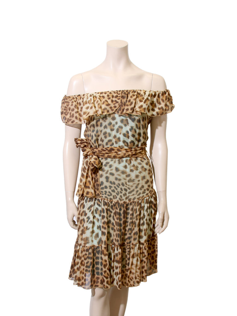 Front view of Blumarine silk leopard mini dress with off-the-shoulder neckline.