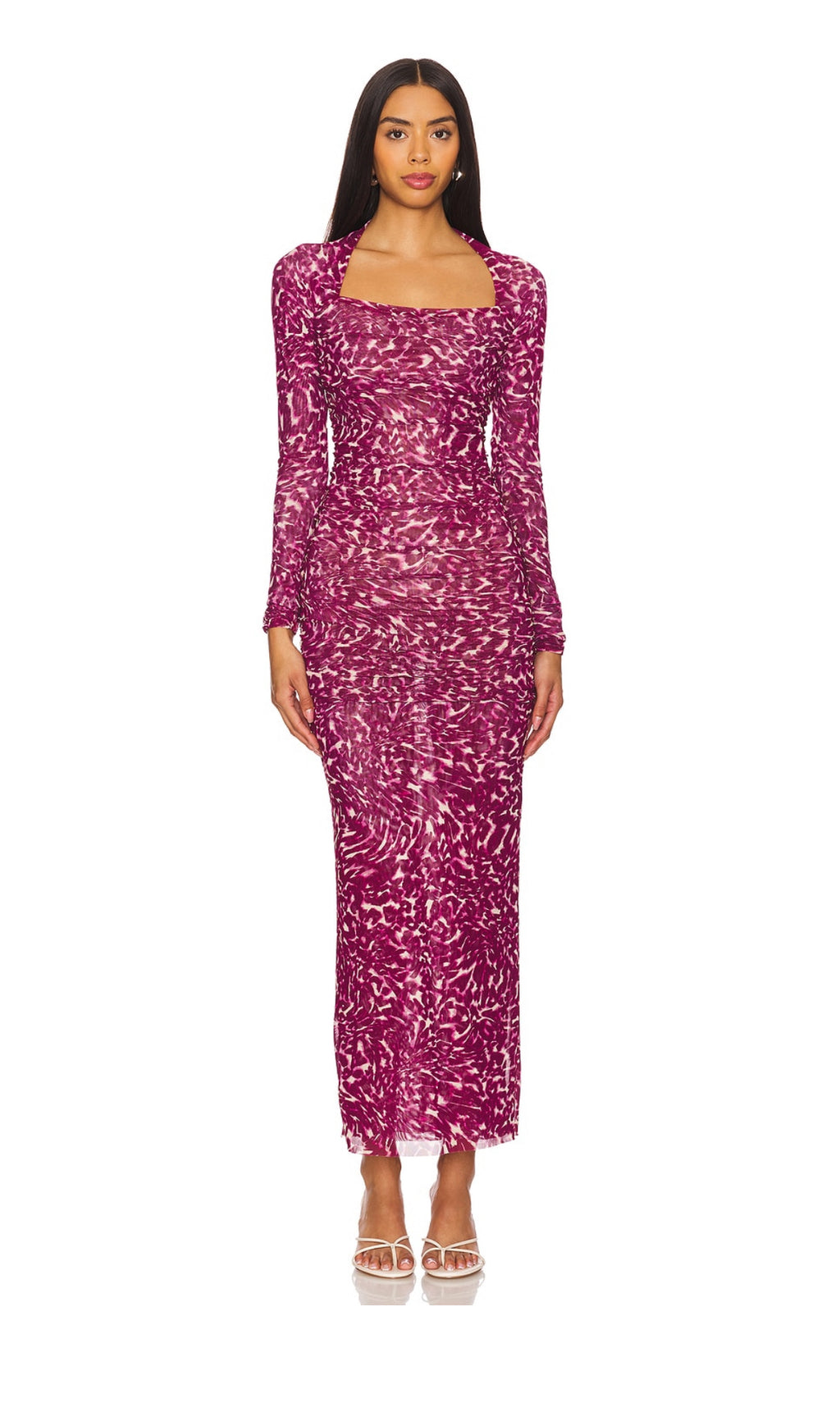 Front view of Misa Ronda Mesh Maxi Dress in ruched printed mesh fabric.