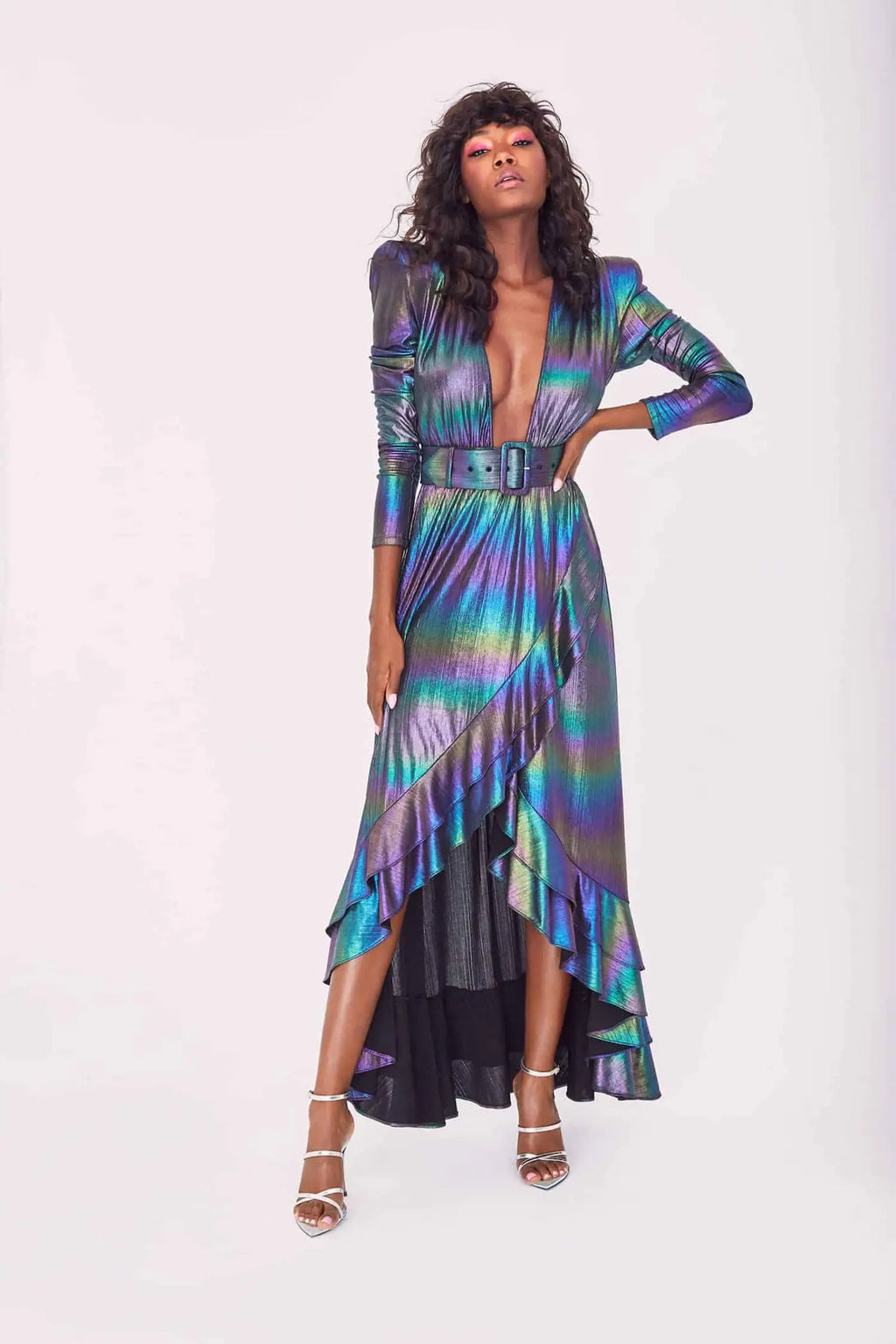 Front view of Retrofête Harmony Cocktail Dress in oil print metallic, size M.
