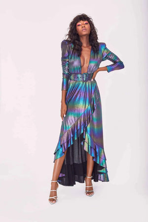 Front view of Retrofête Harmony Cocktail Dress in oil print metallic, size M.
