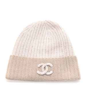 CHANEL CC Cashmere Beanie Hat in Beige and White