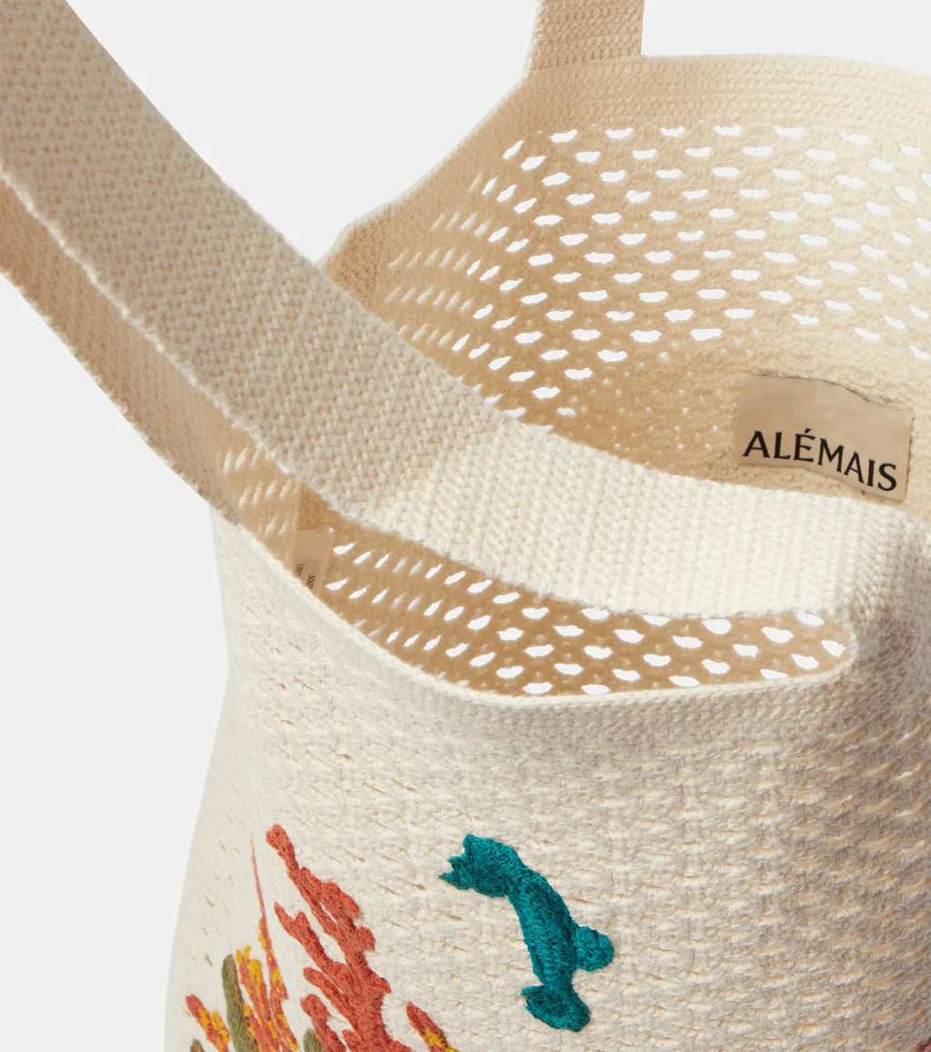 Close-up of Alemais Splash Beach Tote handle and texture – luxury beach bag resale