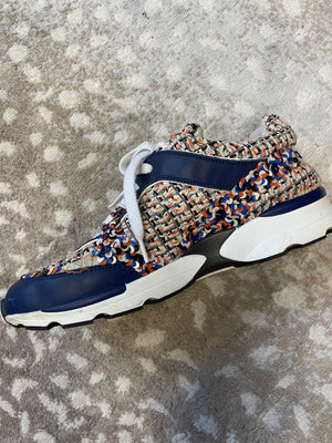 Side profile of Chanel Sequin Tweed Sneakers showing tweed fabric and lace-up design – designer resale