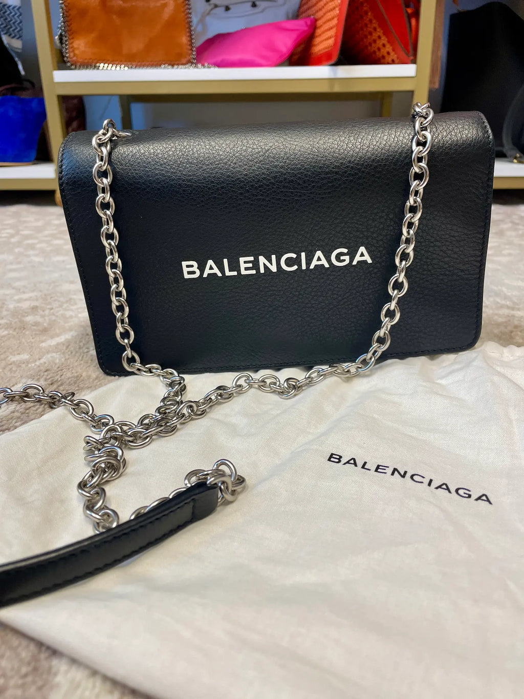 Balenciaga Everyday Wallet on Chain Black Leather Front View