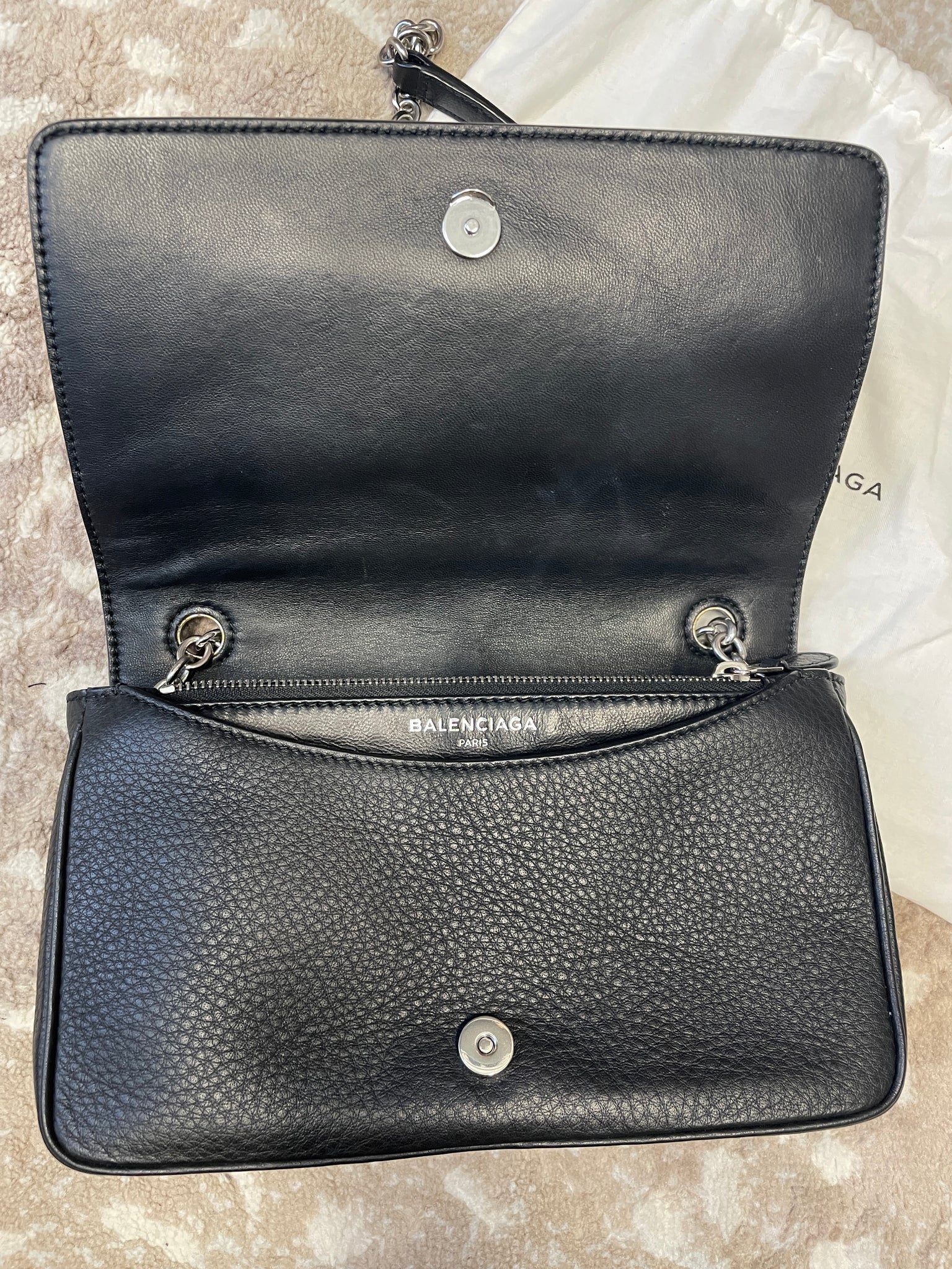 Interior of Balenciaga Wallet on Chain showing card slots and compartments – authenticated designer resale