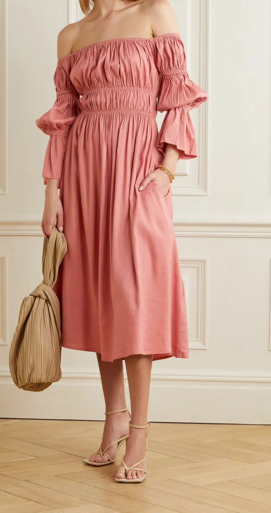 Cult Gaia Stella Off Shoulder Linen Midi Dress in pink, front view.