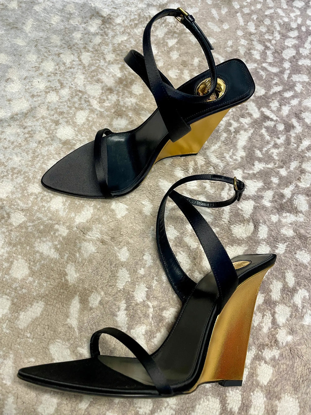 Saint Laurent Satin Strappy Wedge Sandals Black