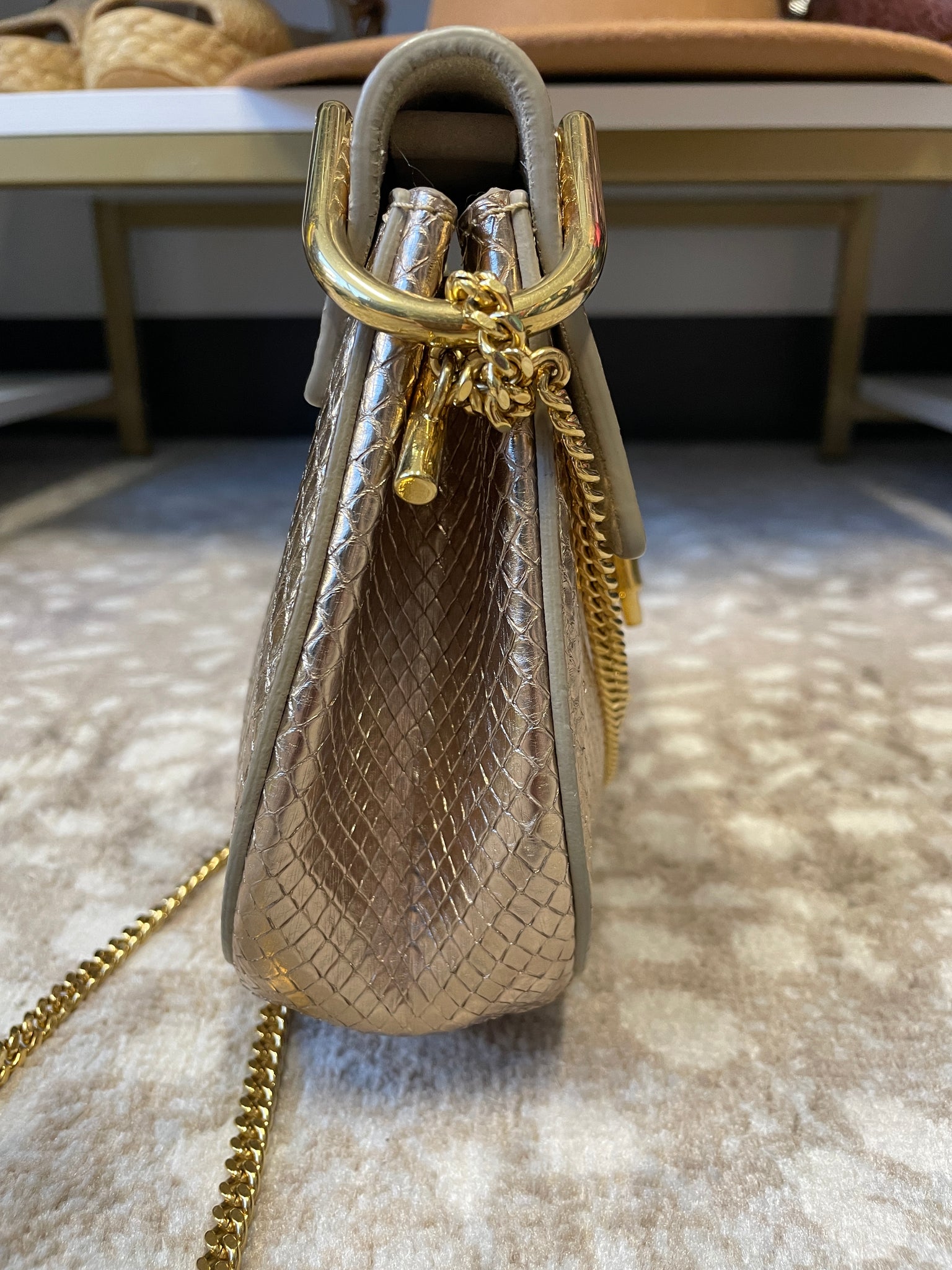 Side view of Chloé Python Drew Bag with gold hardware – designer resale