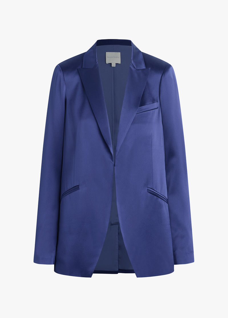 Front view of Favorite Daughter satin blazer in navy.