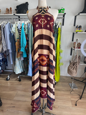 Volantis Aztec Printed Silk Maxi Dress