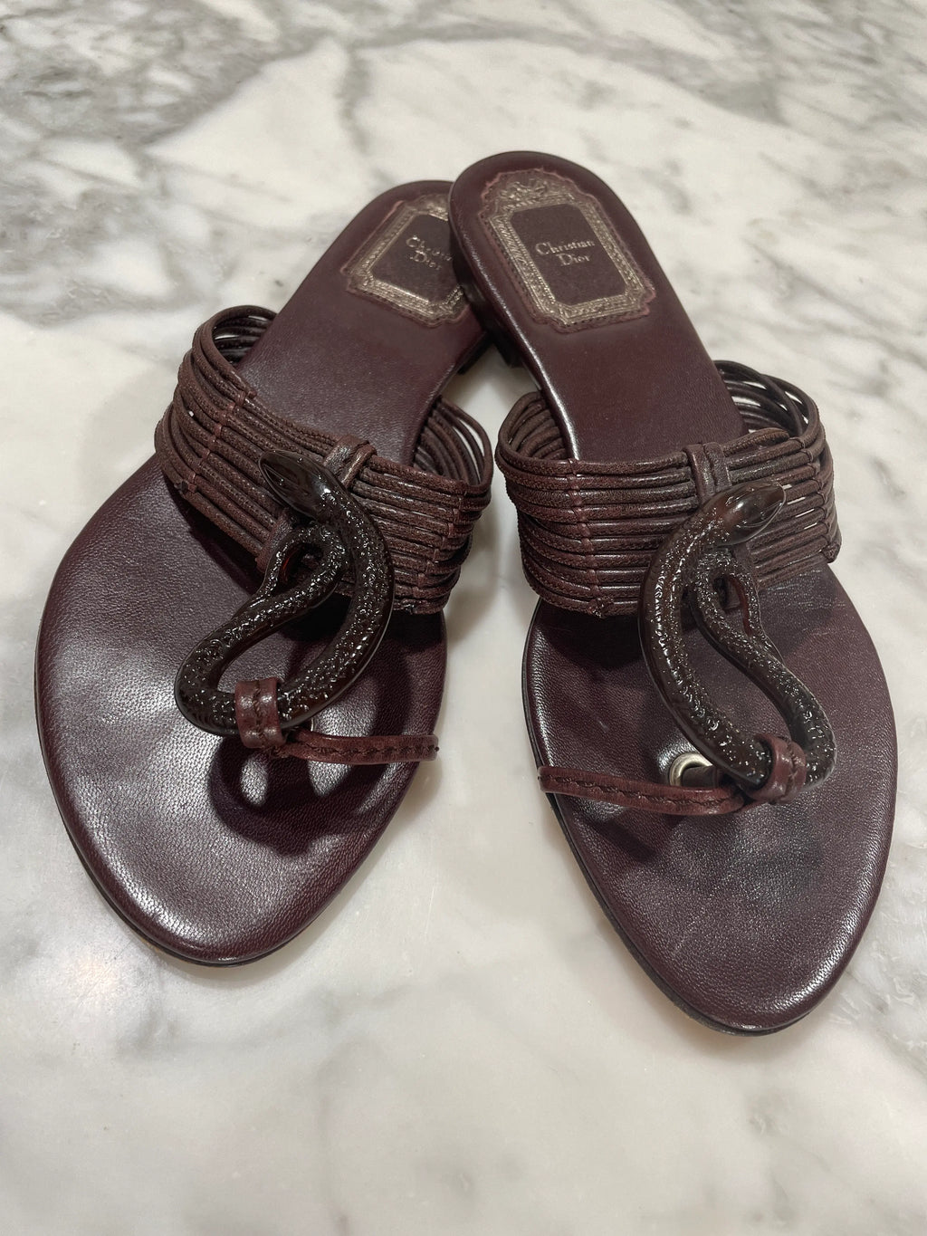 Front view of Dior Strappy Serpent Sandals in brown leather, size 35.5.
