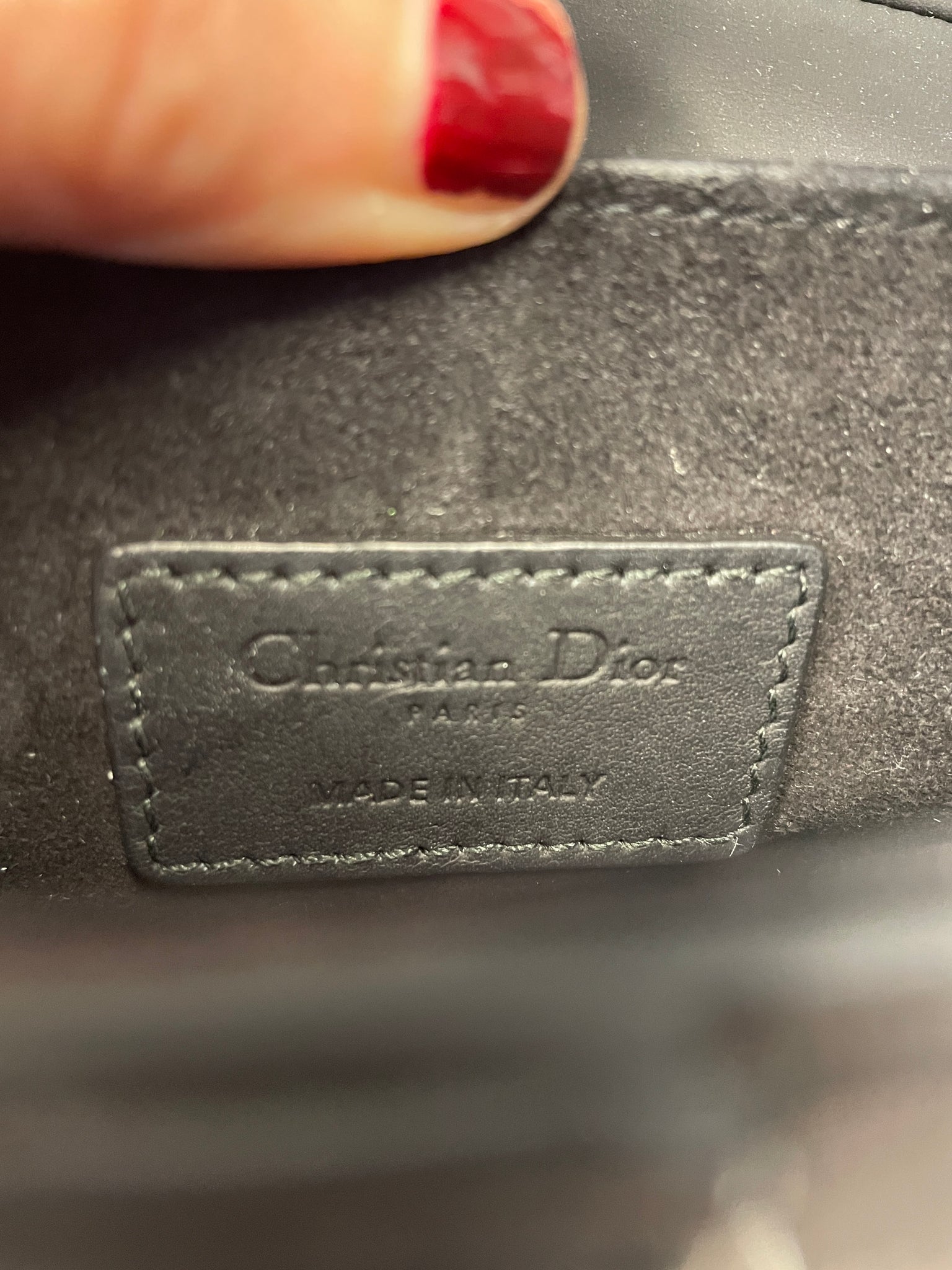 Interior view of Dior Saddle Bag showing lining and logo detail.
