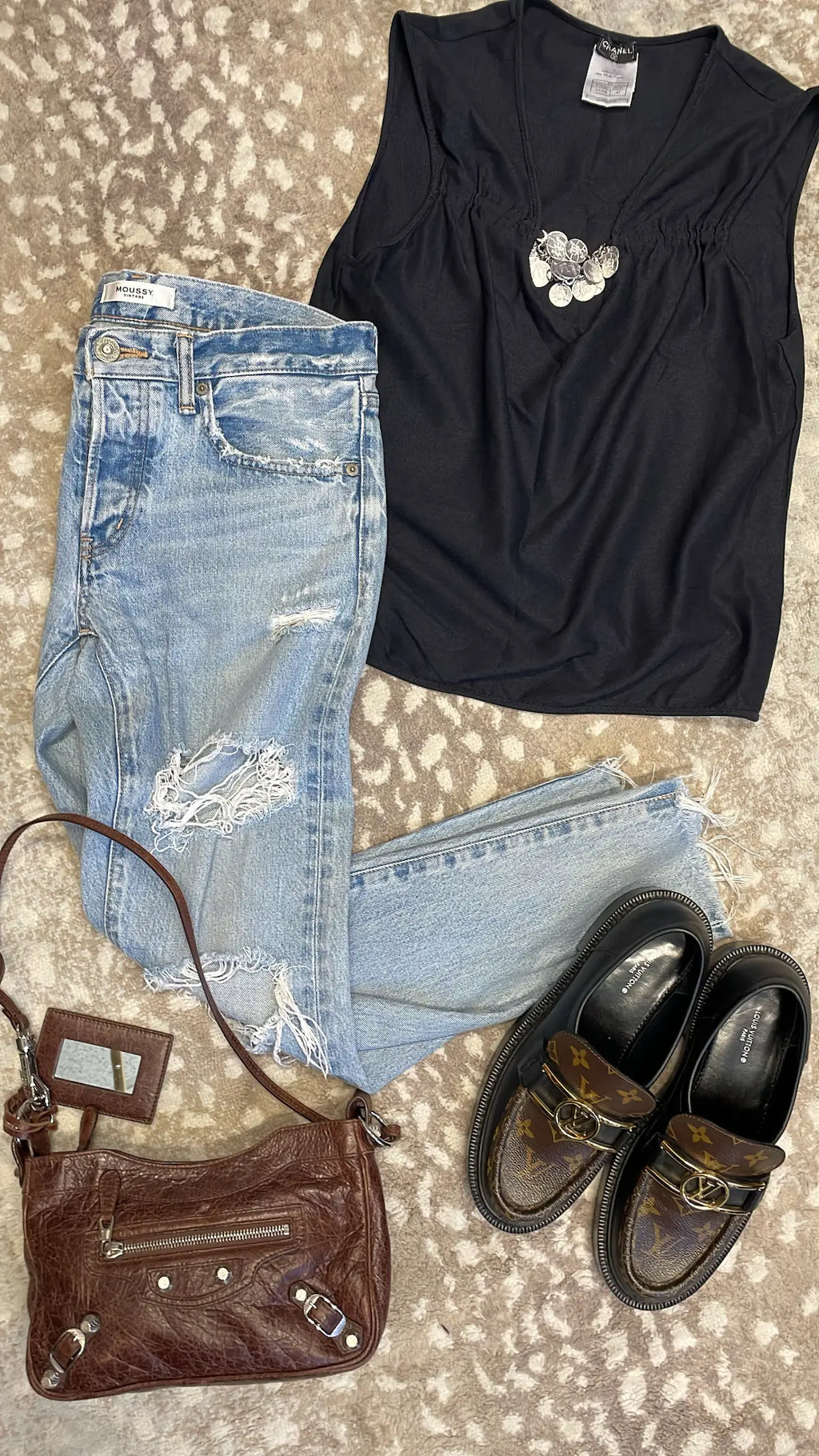 CHANEL Coin Cut Out Tank Top front view – black stretch blend with silver-tone coin detail