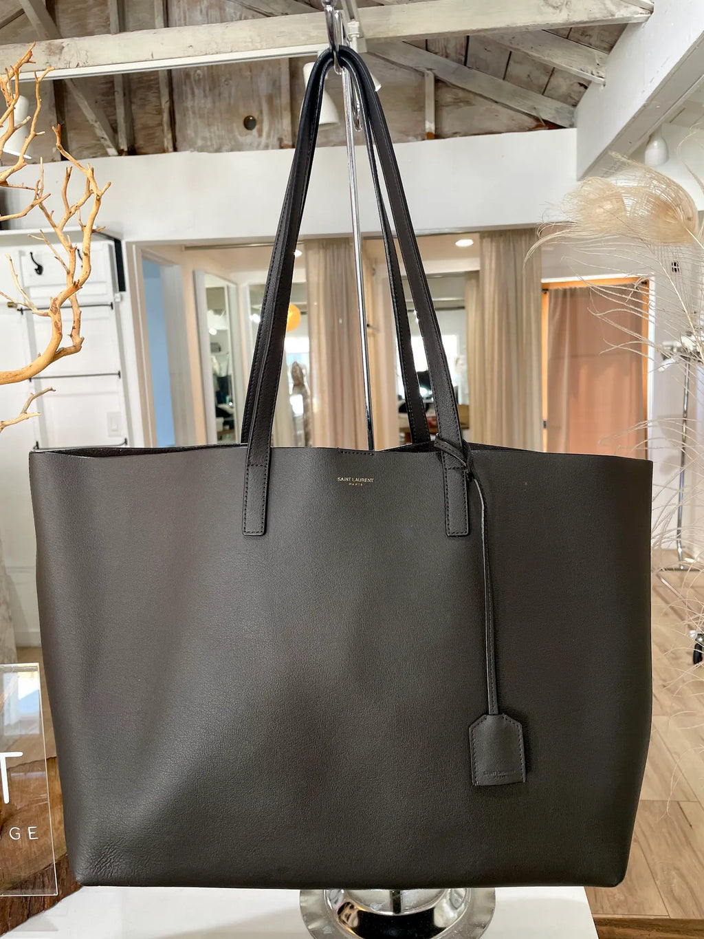 Saint Laurent East/West Leather Shopper Tote in Grey