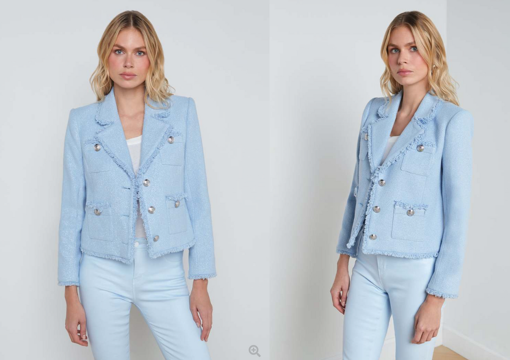 L'Agence Sylvia Metallic Tweed Jacket in Pale Blue