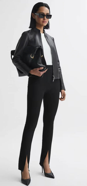 Reiss Allie Collarless Leather Biker Jacket front view on model