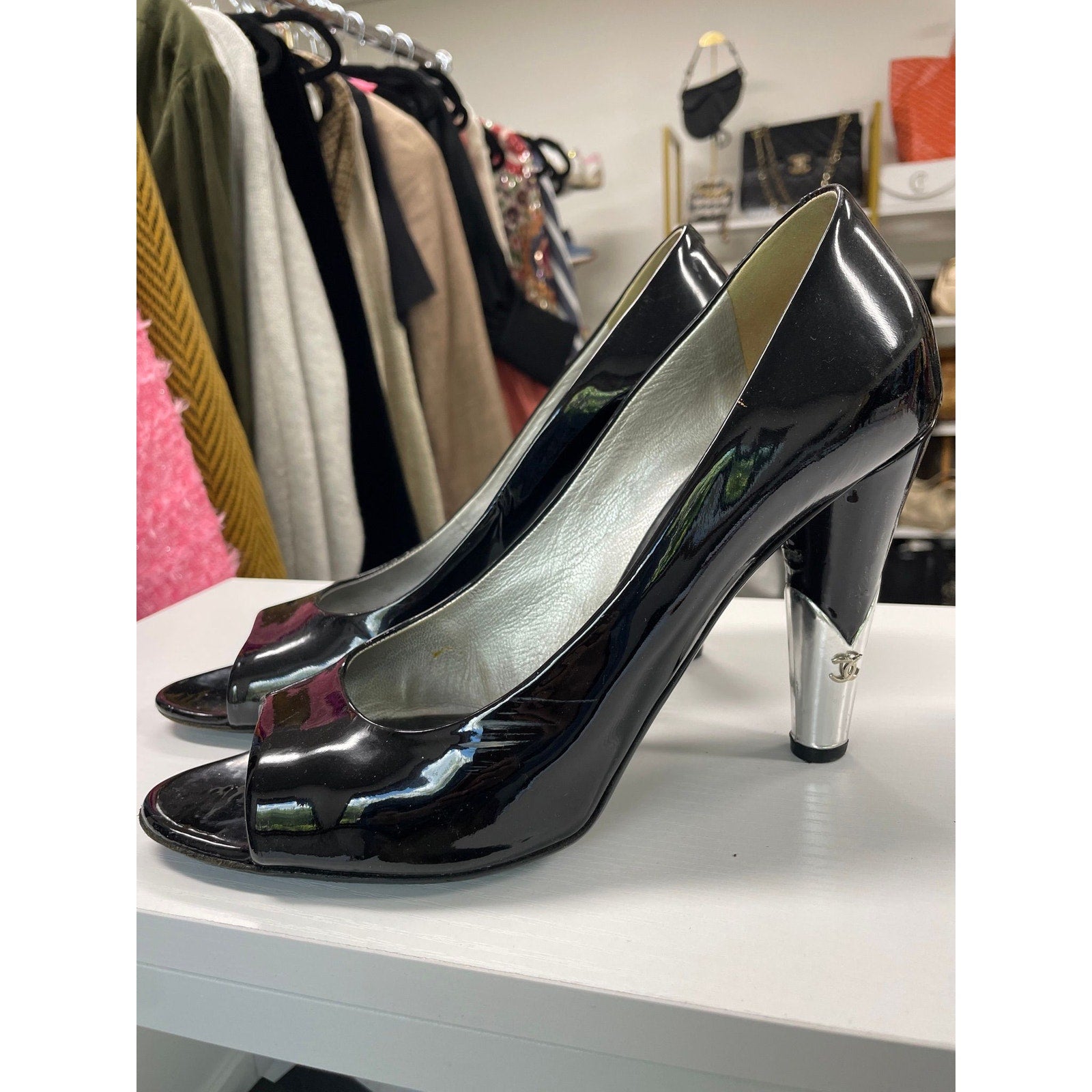 Chanel Patent Leather Peep Toe Pumps Black Silver Size 39.5