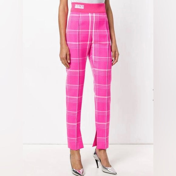 Fendi Elastic Waist Checkered Trousers in Pink Wool