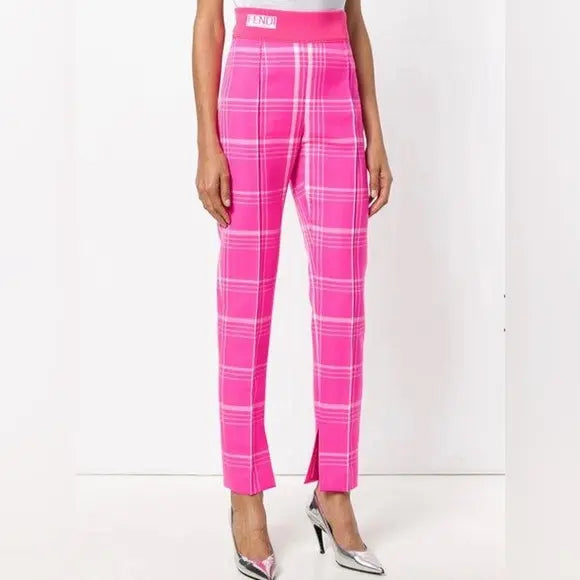 Fendi Elastic Waist Checkered Trousers in Pink Wool