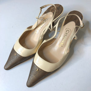 Chanel Lizard Pointed Toe Slingback Pumps Size 36.5