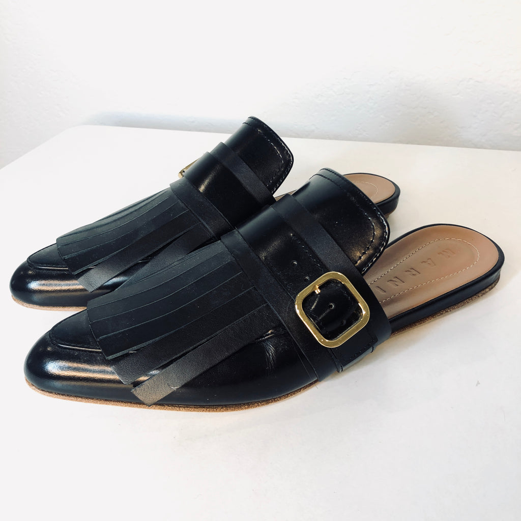 Marni Leather Fringe Fllat Kiltie Mules in Black Size 37